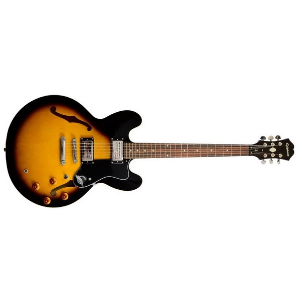 Гитара полуакустическая Epiphone Гитара полуакустическая EpiphoneГитара полуакустическая<br>Электрогитара полуакустическая, цвет SUNBURST , корпус ламинированный клён, вклееный гриф махогон, накладка грифа палисандр, инкрустация в виде точек, мензура 24,75`, ширина верхнего порожка 42 мм, звукосниматели H-H, фурнитура - хром, бридж - Tune-o-Matic<br>