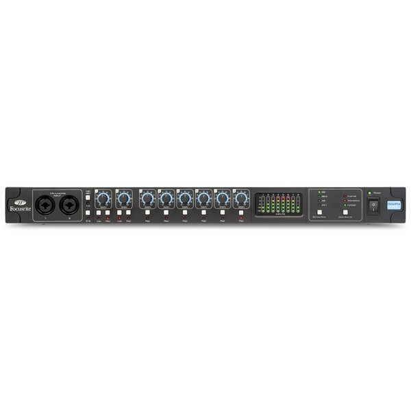 Микрофонный предусилитель Focusrite Микрофонный предусилитель FocusriteМикрофонный предусилитель<br>Предусилитель для микрофонов, инструментальных (с Hi-Z) или линейных источников. 8 комбинированных входов XLR/TRS с микрофонными предусилителями Focusrite, 2 четырехканальных оптических выхода ADAT на 48 и 96 кГц, 8 выходов TRS. АЦП – 24 бит/96 кГц. Аттенюатор 10 дБ, фантомное питание +48 В, разъем BNC для синхронизации word clock.<br>
